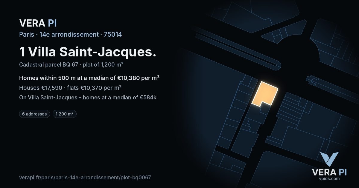 1 Villa Saint-Jacques, 14e arrondissement at night – the plot lit, the parcels around coloured by the prices near them