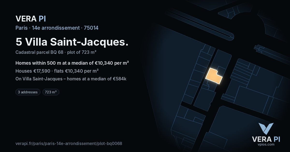5 Villa Saint-Jacques, 14e arrondissement at night – the plot lit, the parcels around coloured by the prices near them