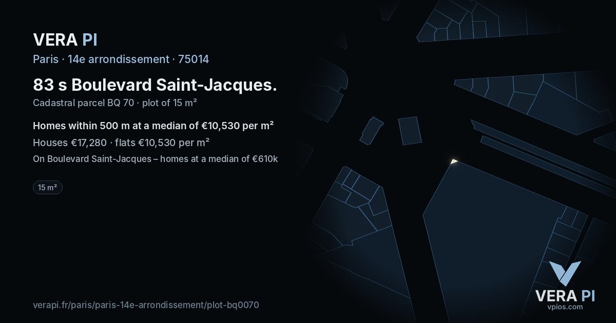 83 s Boulevard Saint-Jacques, 14e arrondissement at night – the plot lit, the parcels around coloured by the prices near them