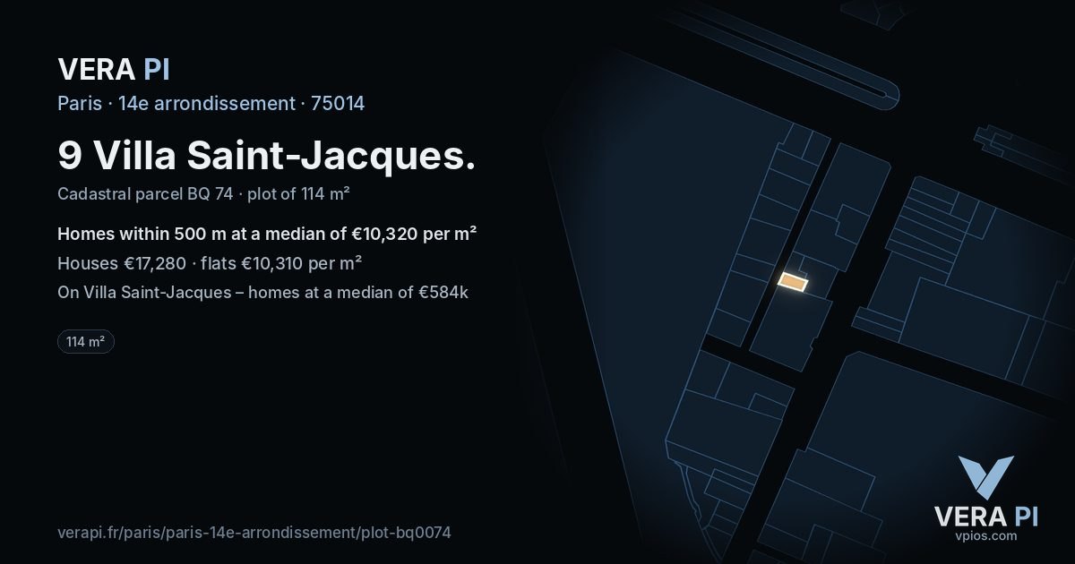 9 Villa Saint-Jacques, 14e arrondissement at night – the plot lit, the parcels around coloured by the prices near them