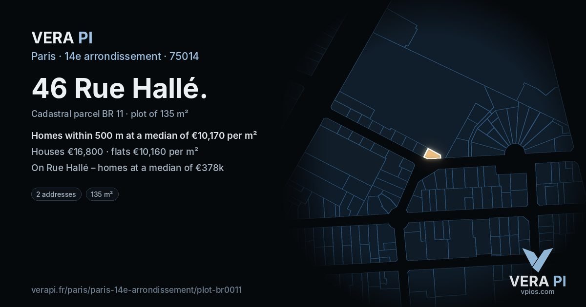 46 Rue Hallé, 14e arrondissement at night – the plot lit, the parcels around coloured by the prices near them
