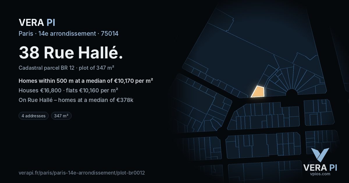 38 Rue Hallé, 14e arrondissement at night – the plot lit, the parcels around coloured by the prices near them