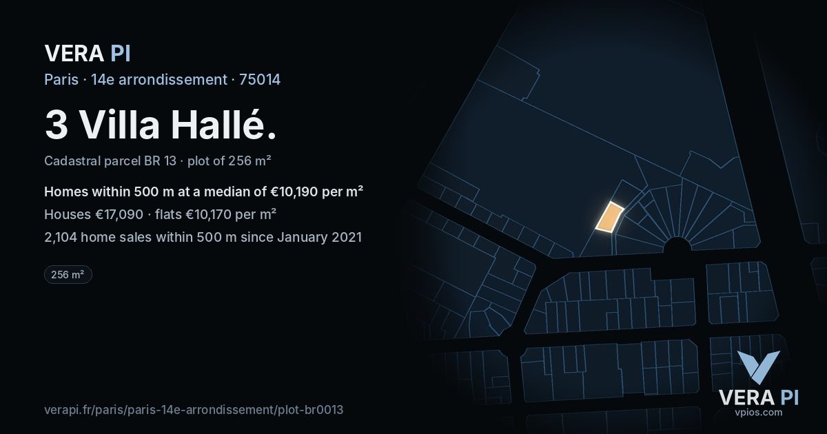 3 Villa Hallé, 14e arrondissement at night – the plot lit, the parcels around coloured by the prices near them