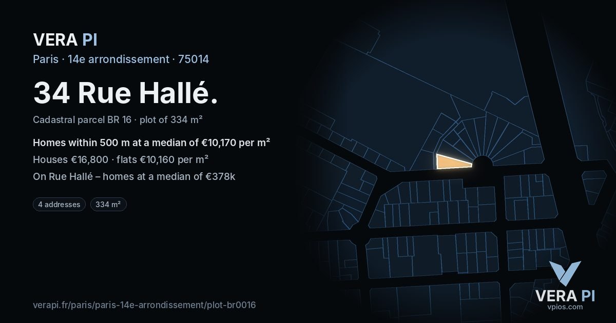 34 Rue Hallé, 14e arrondissement at night – the plot lit, the parcels around coloured by the prices near them