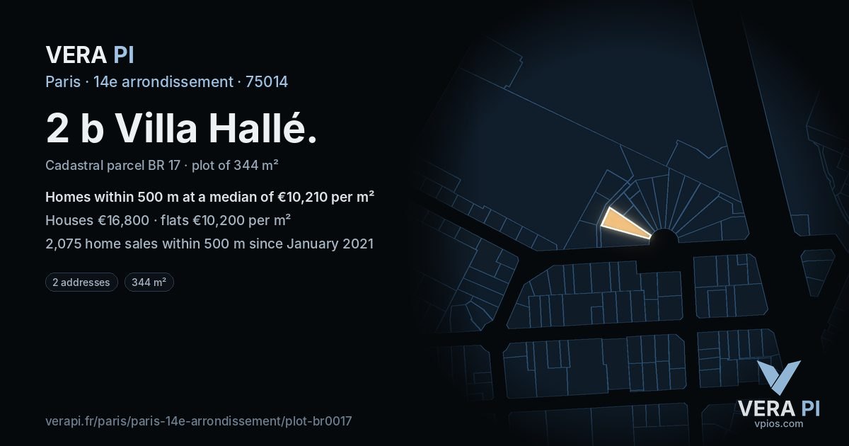 2 b Villa Hallé, 14e arrondissement at night – the plot lit, the parcels around coloured by the prices near them