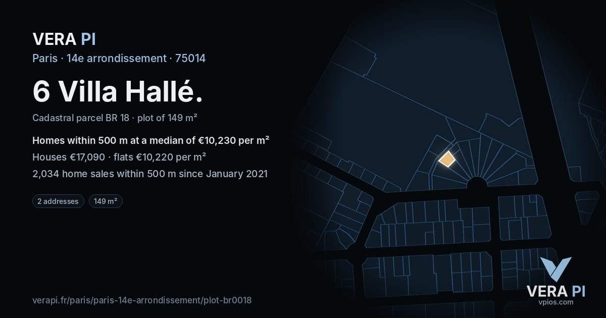 6 Villa Hallé, 14e arrondissement at night – the plot lit, the parcels around coloured by the prices near them