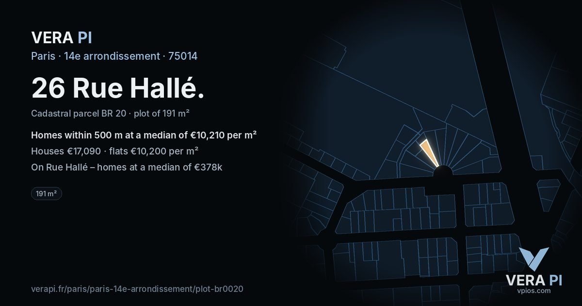 26 Rue Hallé, 14e arrondissement at night – the plot lit, the parcels around coloured by the prices near them