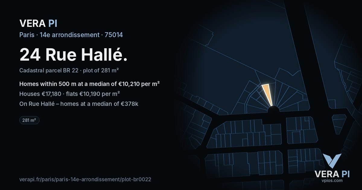 24 Rue Hallé, 14e arrondissement at night – the plot lit, the parcels around coloured by the prices near them