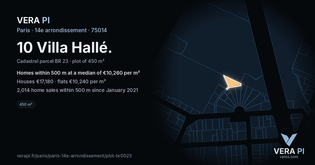 10 Villa Hallé, 14e arrondissement at night – the plot lit, the parcels around coloured by the prices near them
