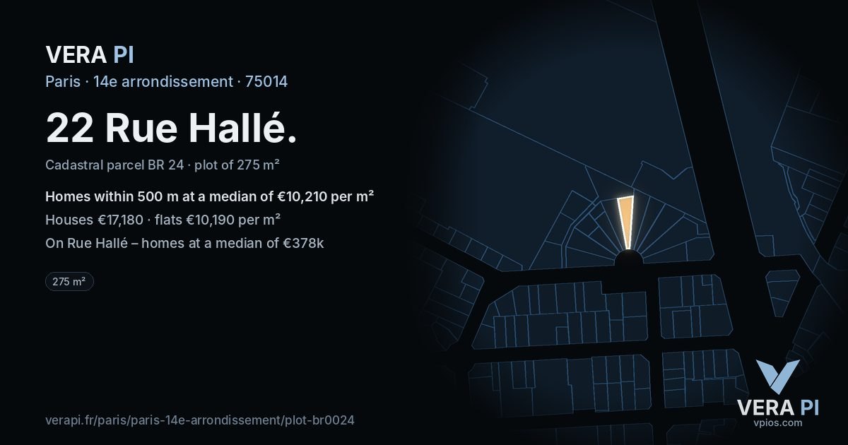 22 Rue Hallé, 14e arrondissement at night – the plot lit, the parcels around coloured by the prices near them