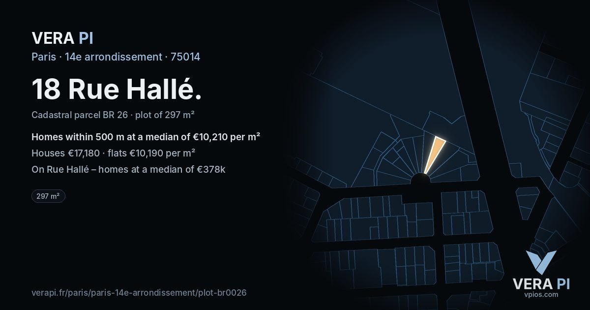 18 Rue Hallé, 14e arrondissement at night – the plot lit, the parcels around coloured by the prices near them