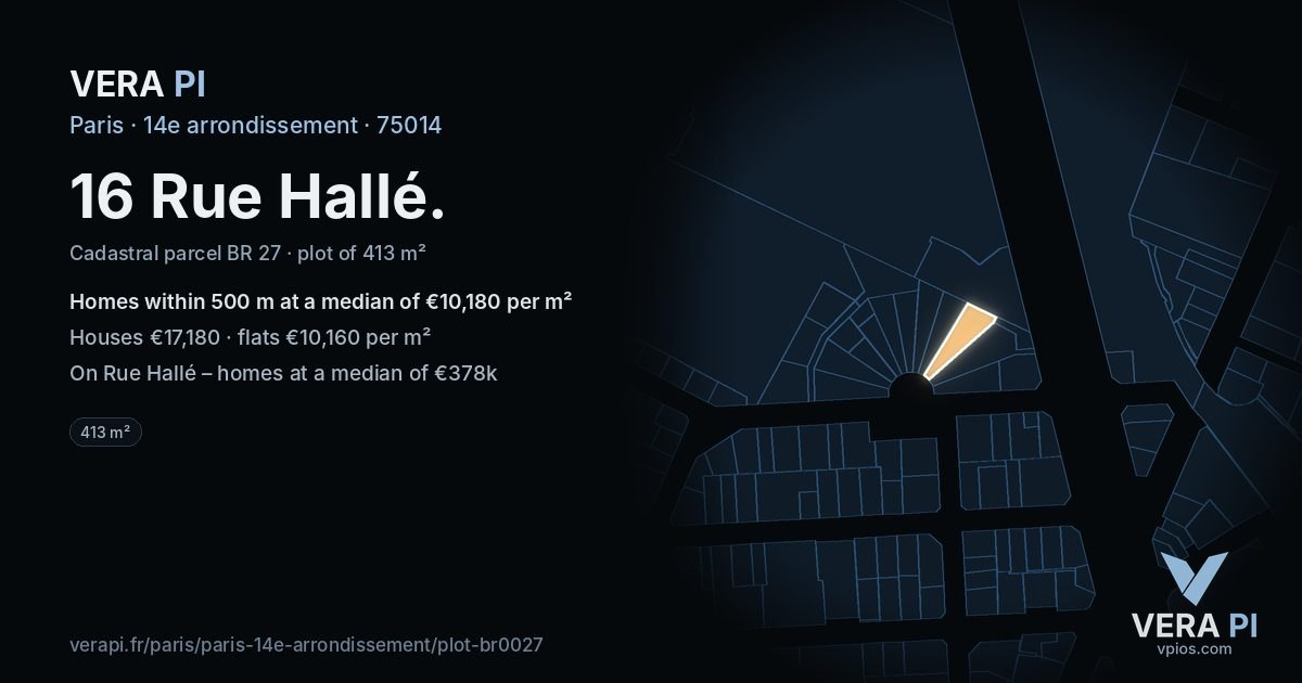 16 Rue Hallé, 14e arrondissement at night – the plot lit, the parcels around coloured by the prices near them