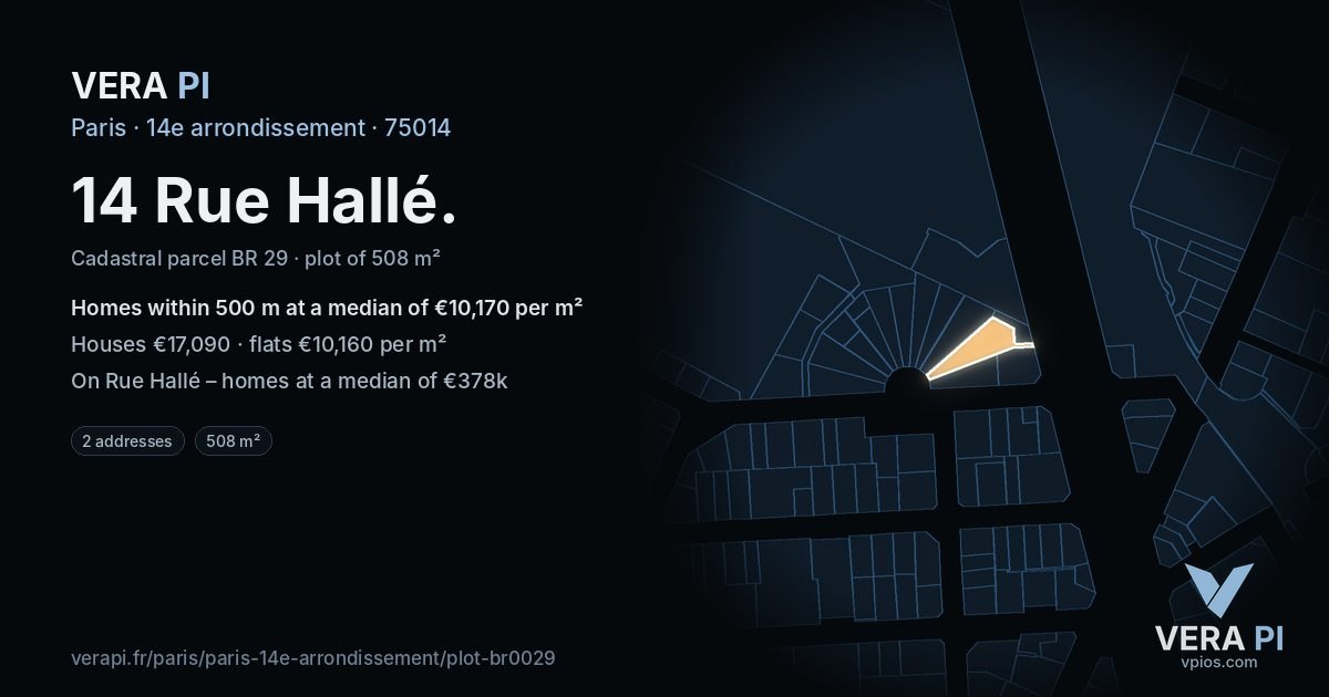 14 Rue Hallé, 14e arrondissement at night – the plot lit, the parcels around coloured by the prices near them