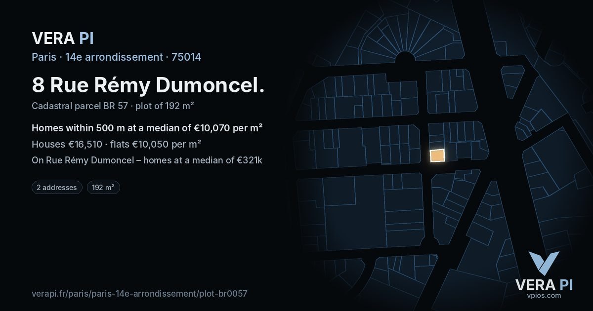 8 Rue Rémy Dumoncel, 14e arrondissement at night – the plot lit, the parcels around coloured by the prices near them