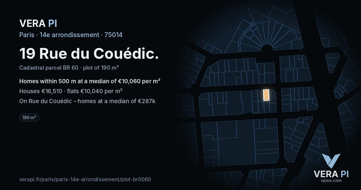 19 Rue du Couédic, 14e arrondissement at night – the plot lit, the parcels around coloured by the prices near them