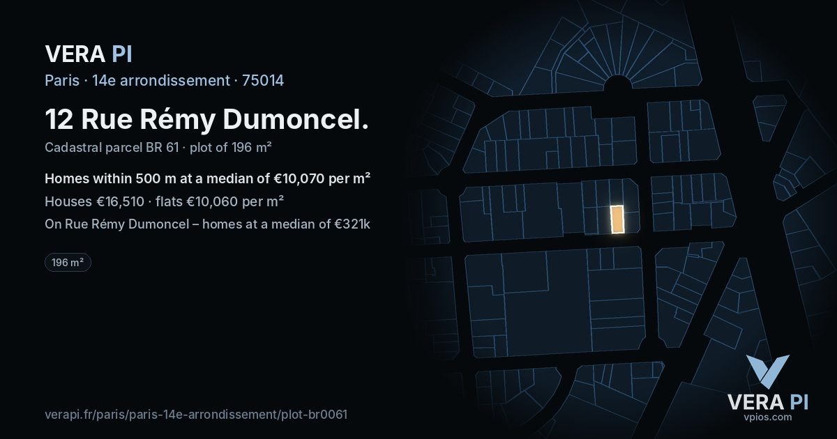 12 Rue Rémy Dumoncel, 14e arrondissement at night – the plot lit, the parcels around coloured by the prices near them