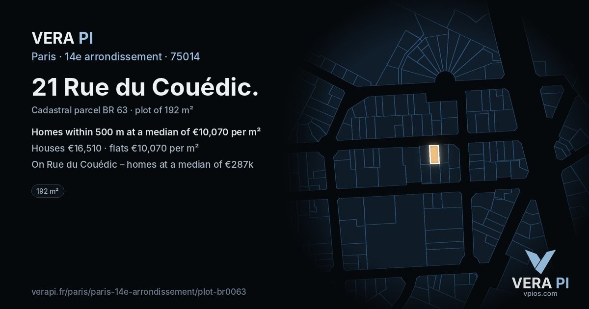 21 Rue du Couédic, 14e arrondissement at night – the plot lit, the parcels around coloured by the prices near them