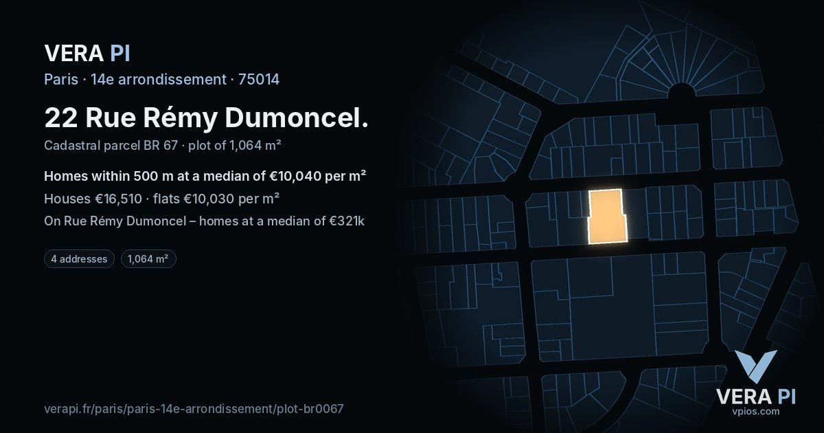22 Rue Rémy Dumoncel, 14e arrondissement at night – the plot lit, the parcels around coloured by the prices near them