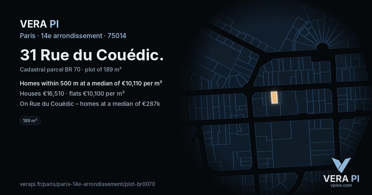 31 Rue du Couédic, 14e arrondissement at night – the plot lit, the parcels around coloured by the prices near them