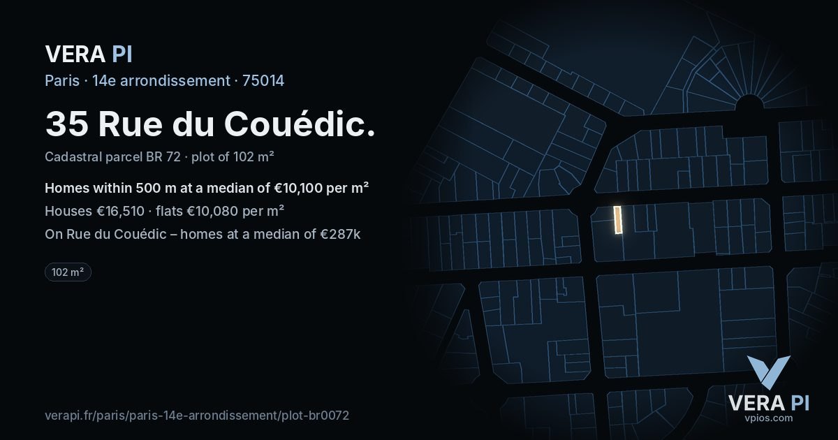 35 Rue du Couédic, 14e arrondissement at night – the plot lit, the parcels around coloured by the prices near them