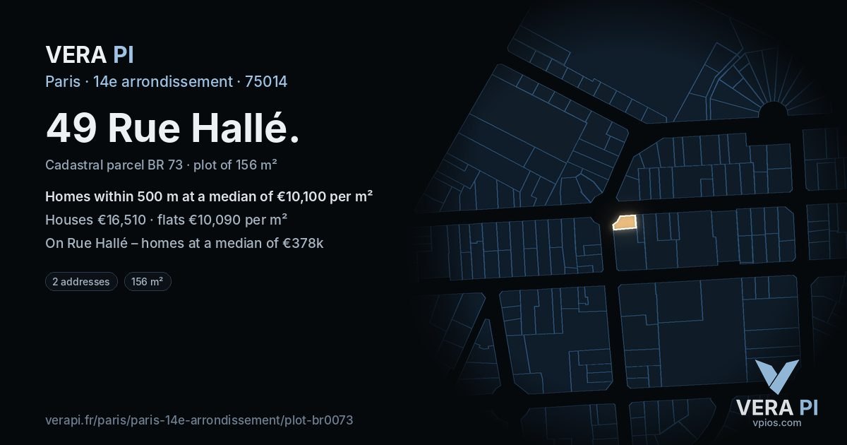 49 Rue Hallé, 14e arrondissement at night – the plot lit, the parcels around coloured by the prices near them