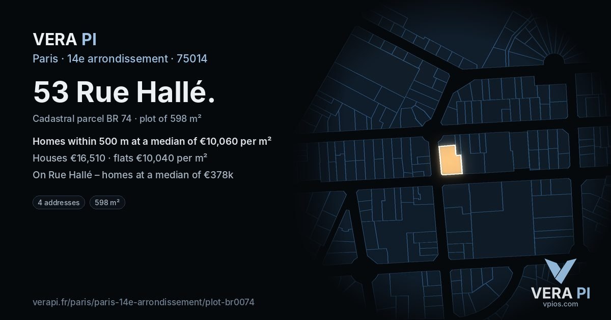 53 Rue Hallé, 14e arrondissement at night – the plot lit, the parcels around coloured by the prices near them