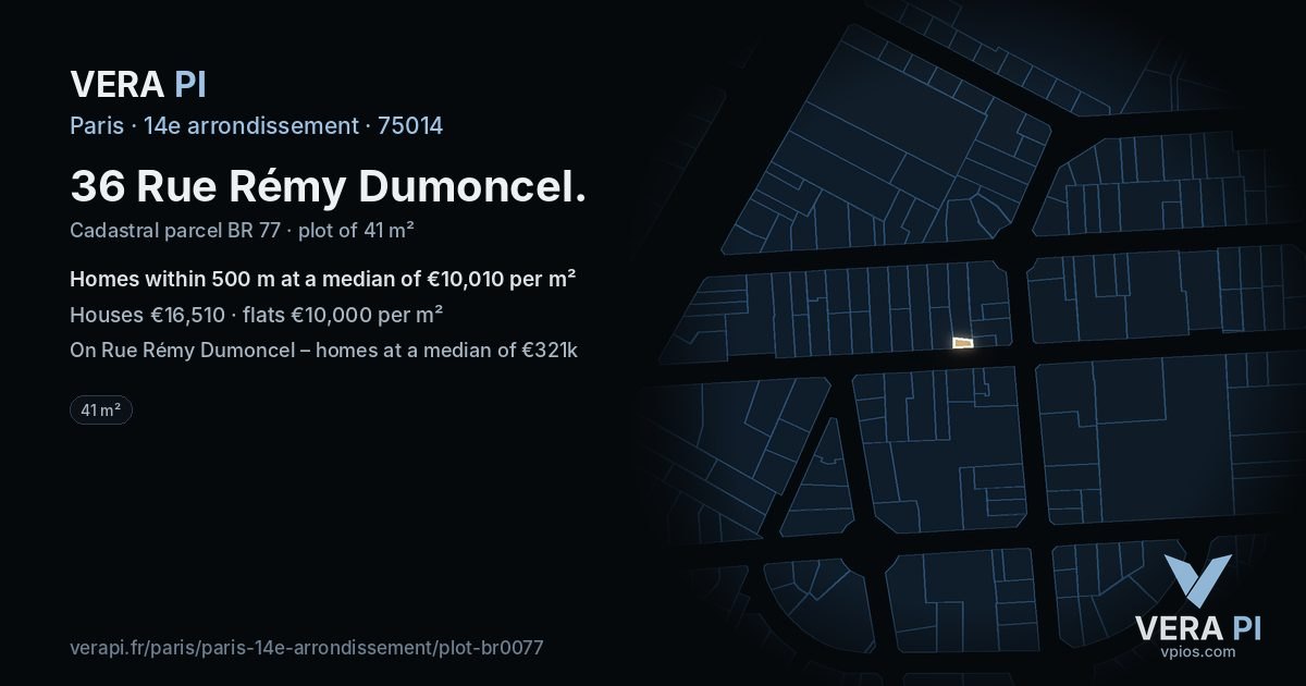 36 Rue Rémy Dumoncel, 14e arrondissement at night – the plot lit, the parcels around coloured by the prices near them