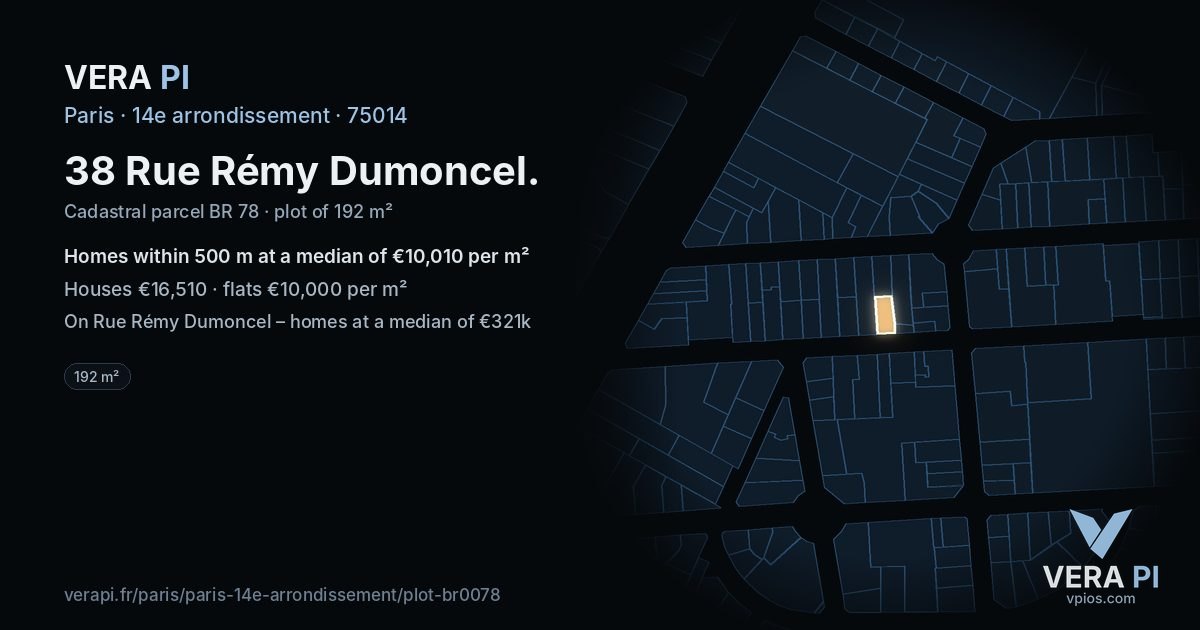 38 Rue Rémy Dumoncel, 14e arrondissement at night – the plot lit, the parcels around coloured by the prices near them