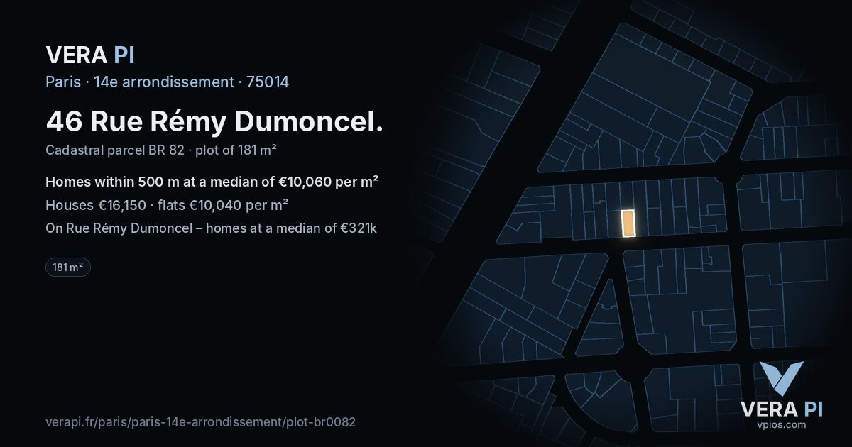 46 Rue Rémy Dumoncel, 14e arrondissement at night – the plot lit, the parcels around coloured by the prices near them