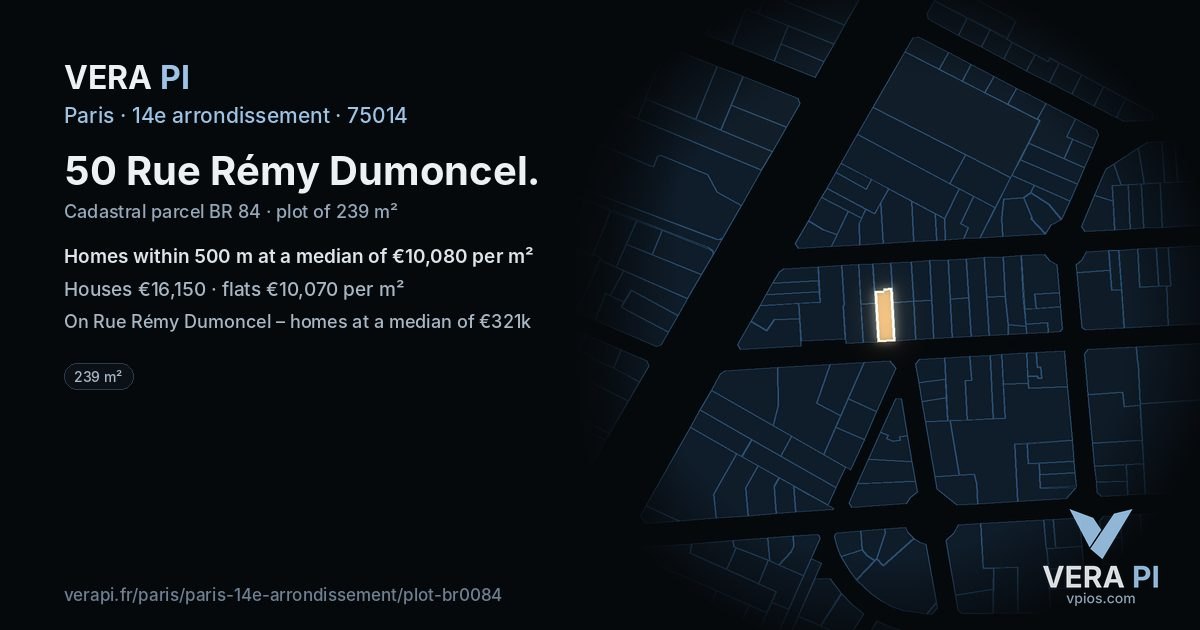 50 Rue Rémy Dumoncel, 14e arrondissement at night – the plot lit, the parcels around coloured by the prices near them
