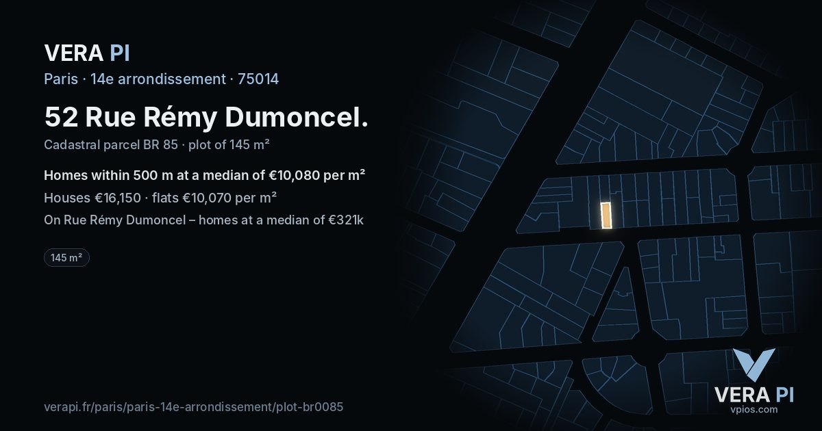 52 Rue Rémy Dumoncel, 14e arrondissement at night – the plot lit, the parcels around coloured by the prices near them