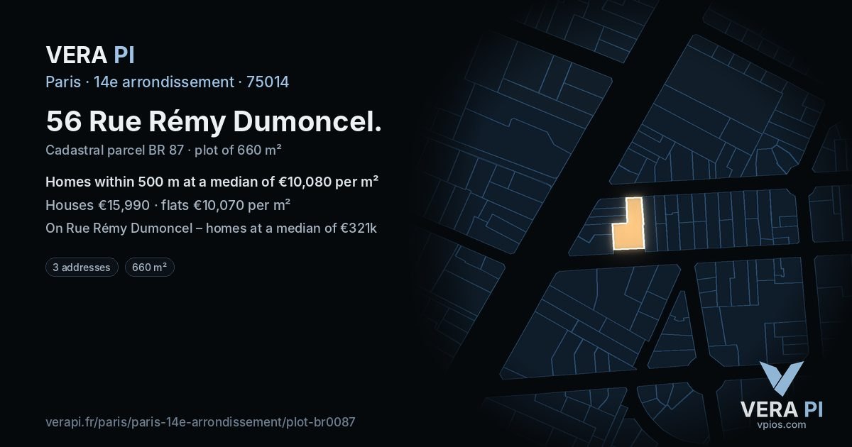 56 Rue Rémy Dumoncel, 14e arrondissement at night – the plot lit, the parcels around coloured by the prices near them