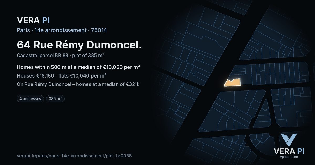 64 Rue Rémy Dumoncel, 14e arrondissement at night – the plot lit, the parcels around coloured by the prices near them