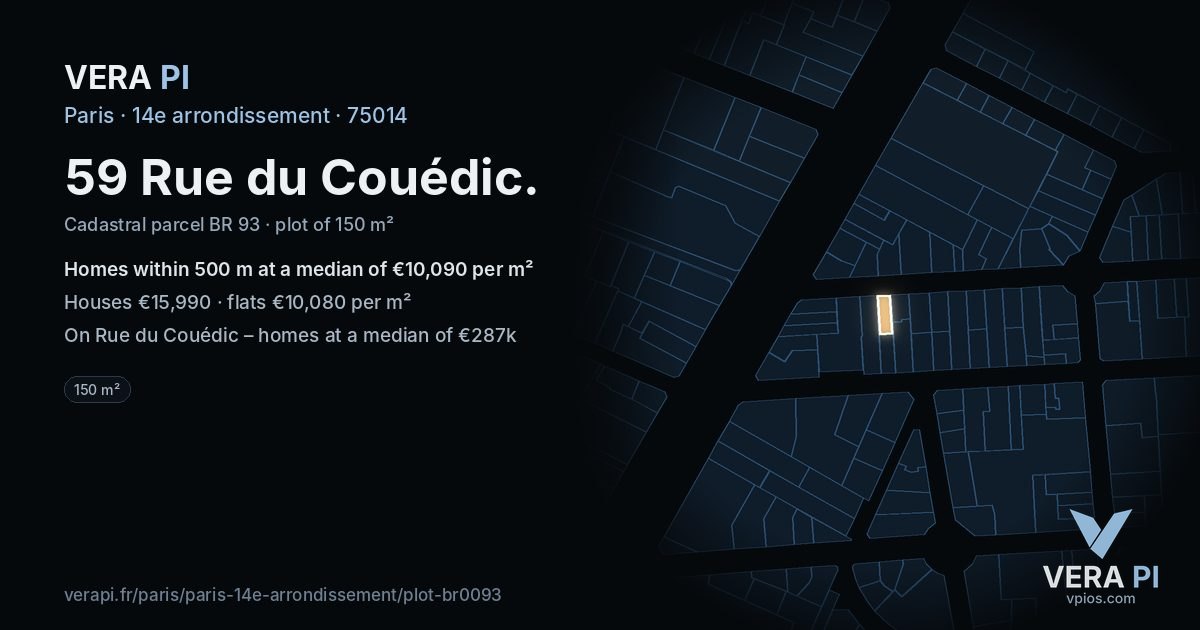 59 Rue du Couédic, 14e arrondissement at night – the plot lit, the parcels around coloured by the prices near them