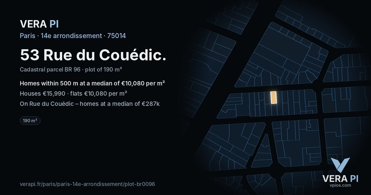 53 Rue du Couédic, 14e arrondissement at night – the plot lit, the parcels around coloured by the prices near them