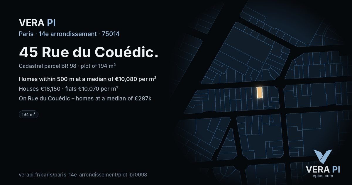 45 Rue du Couédic, 14e arrondissement at night – the plot lit, the parcels around coloured by the prices near them