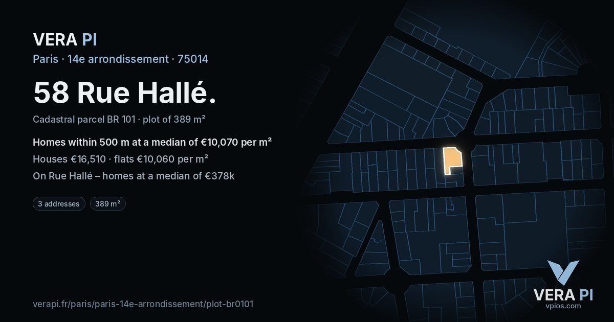 58 Rue Hallé, 14e arrondissement at night – the plot lit, the parcels around coloured by the prices near them
