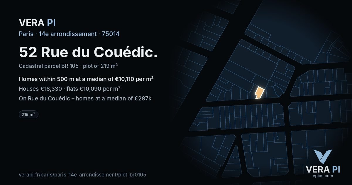 52 Rue du Couédic, 14e arrondissement at night – the plot lit, the parcels around coloured by the prices near them