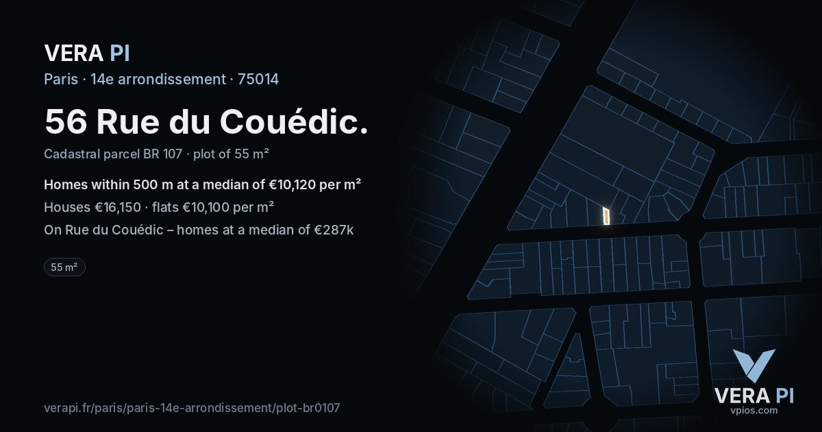56 Rue du Couédic, 14e arrondissement at night – the plot lit, the parcels around coloured by the prices near them