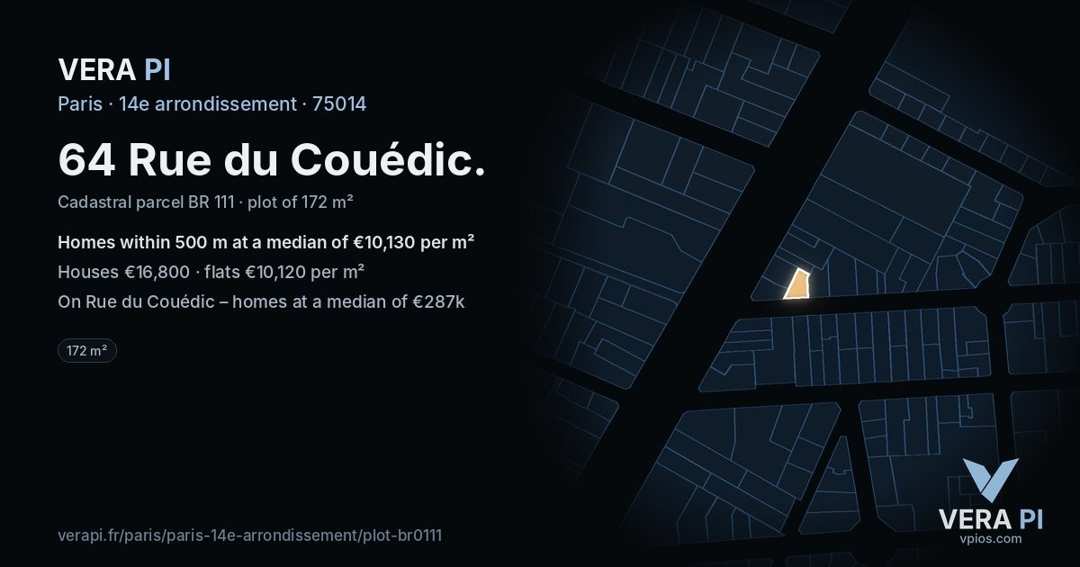 64 Rue du Couédic, 14e arrondissement at night – the plot lit, the parcels around coloured by the prices near them