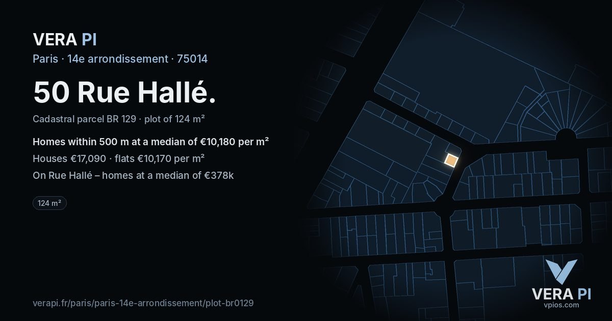 50 Rue Hallé, 14e arrondissement at night – the plot lit, the parcels around coloured by the prices near them