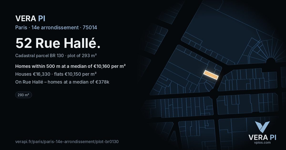 52 Rue Hallé, 14e arrondissement at night – the plot lit, the parcels around coloured by the prices near them