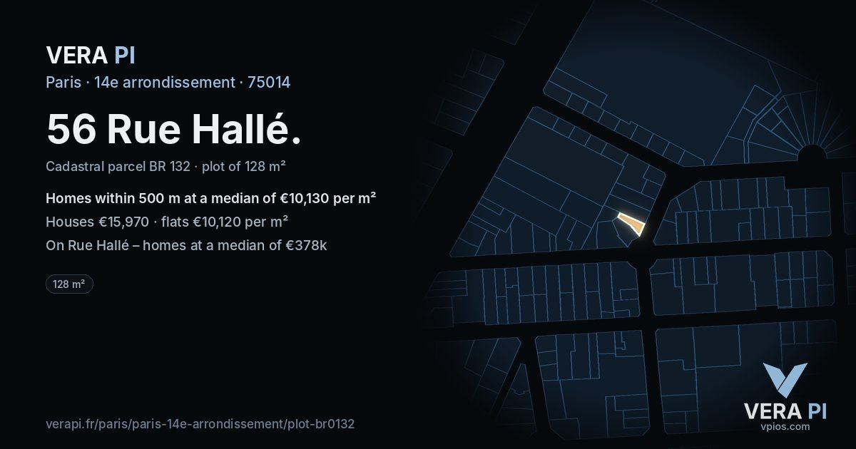 56 Rue Hallé, 14e arrondissement at night – the plot lit, the parcels around coloured by the prices near them