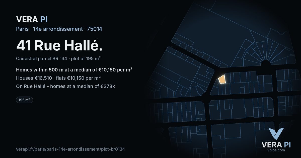 41 Rue Hallé, 14e arrondissement at night – the plot lit, the parcels around coloured by the prices near them