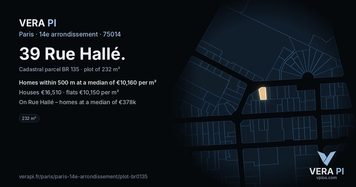 39 Rue Hallé, 14e arrondissement at night – the plot lit, the parcels around coloured by the prices near them