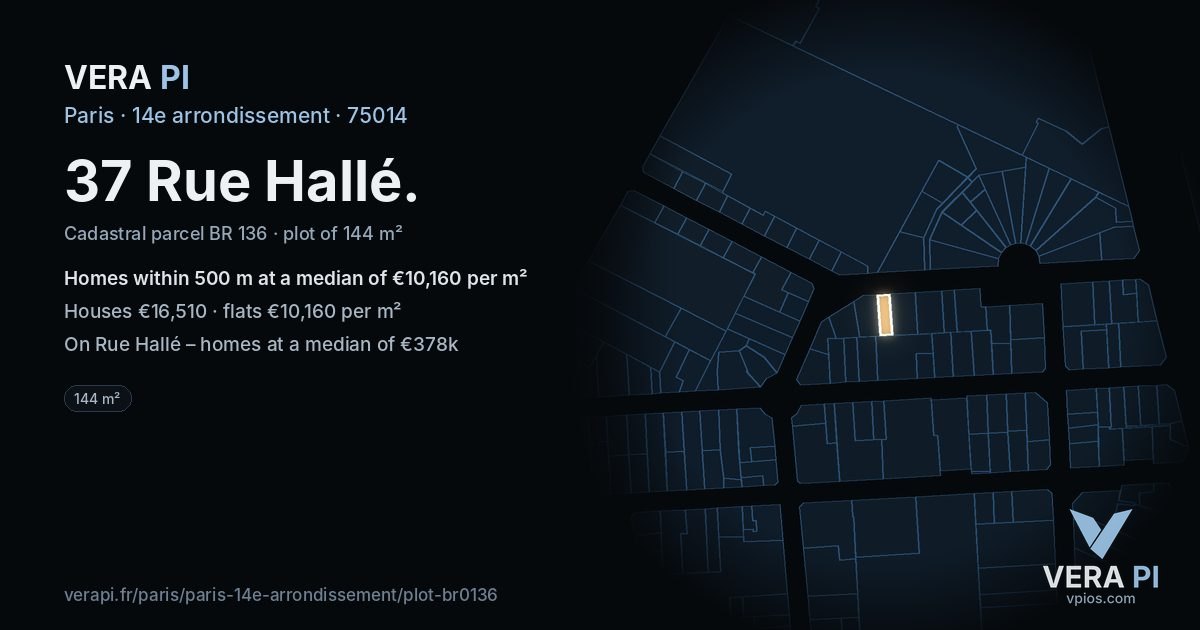 37 Rue Hallé, 14e arrondissement at night – the plot lit, the parcels around coloured by the prices near them