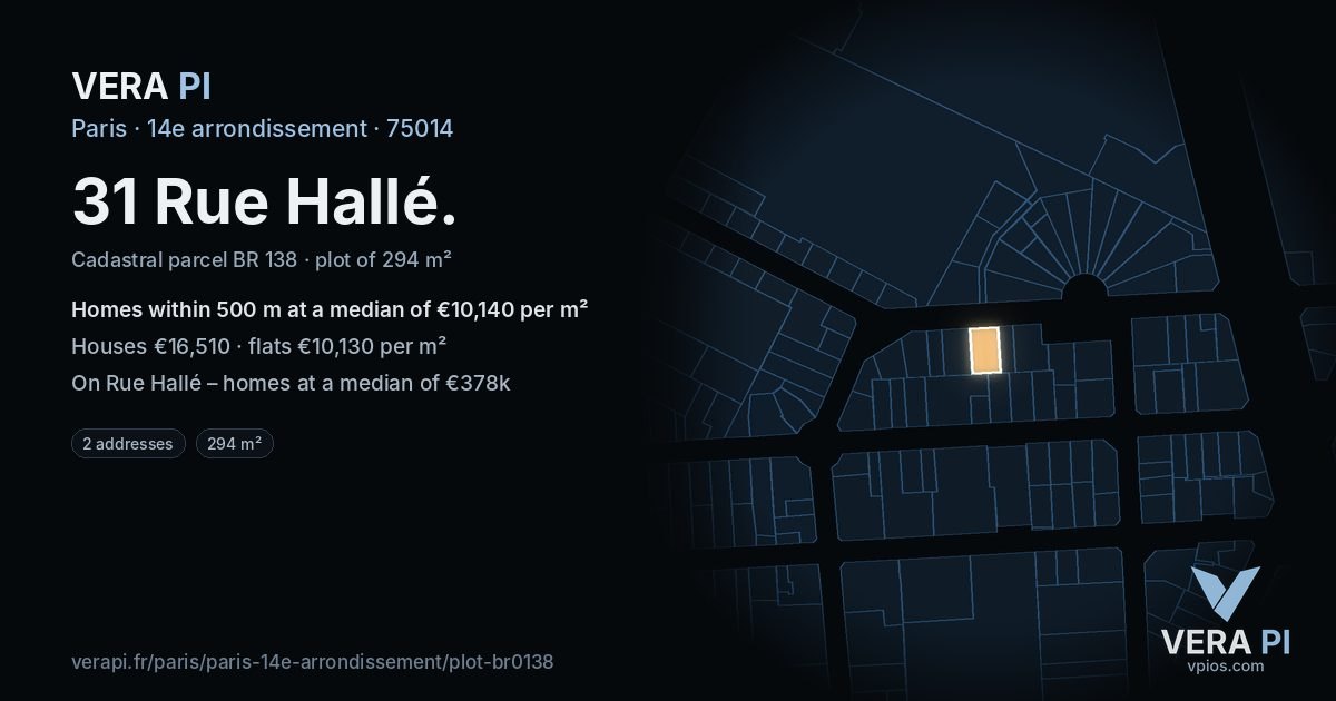31 Rue Hallé, 14e arrondissement at night – the plot lit, the parcels around coloured by the prices near them
