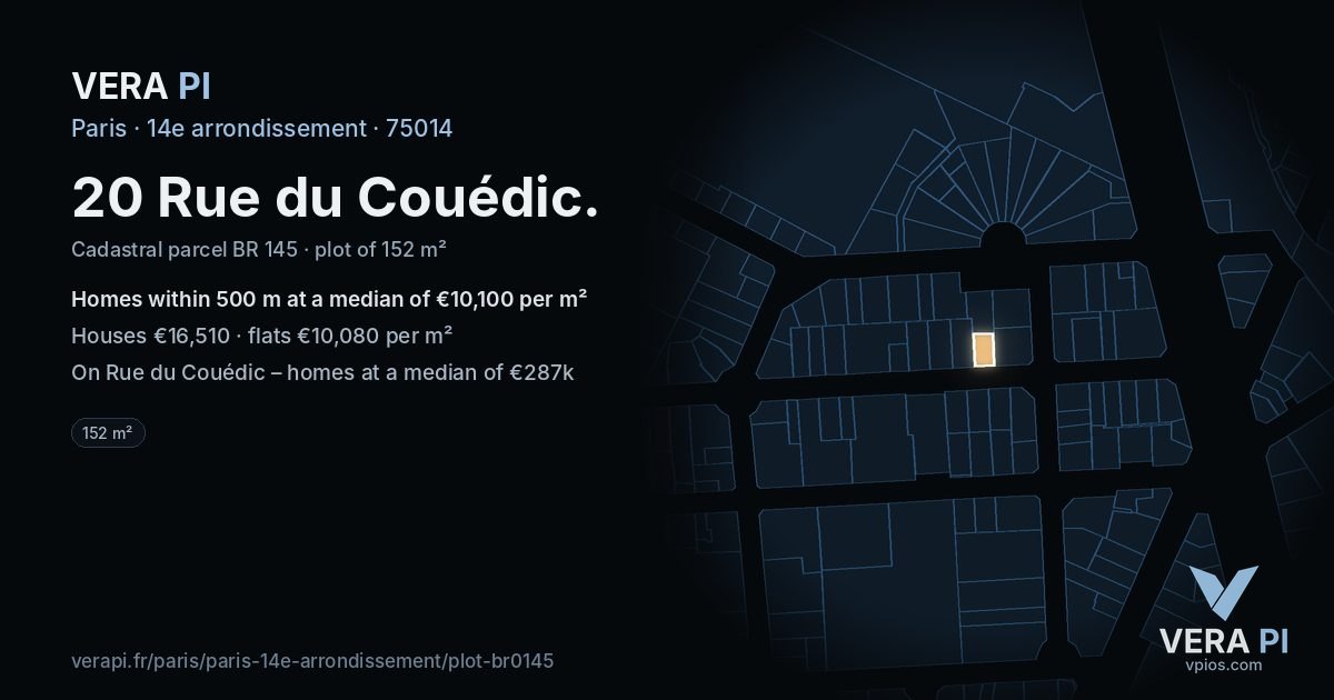 20 Rue du Couédic, 14e arrondissement at night – the plot lit, the parcels around coloured by the prices near them