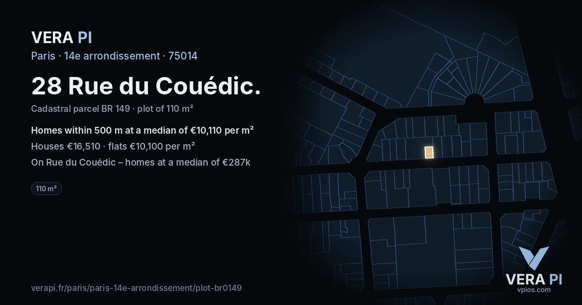 28 Rue du Couédic, 14e arrondissement at night – the plot lit, the parcels around coloured by the prices near them