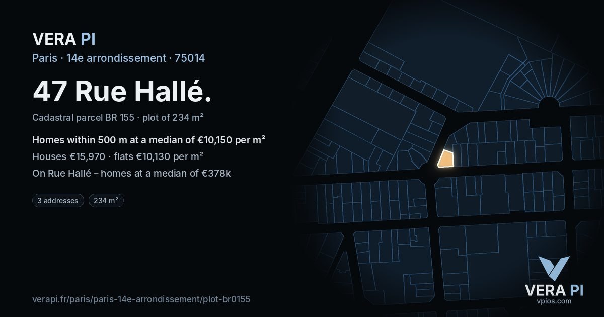 47 Rue Hallé, 14e arrondissement at night – the plot lit, the parcels around coloured by the prices near them